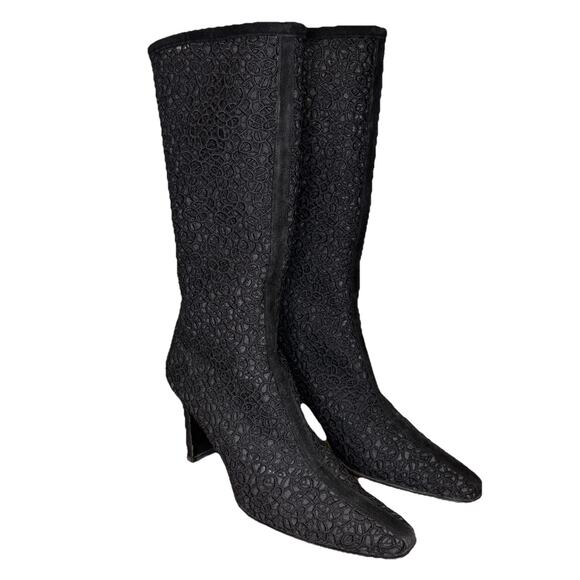 Stuart Weitzman Women’s 7.5AA Boots Black Lace Cutout Suede Mid-Calf Heels Goth - Picture 1 of 11